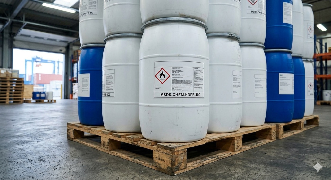 Chemical drums at ICD — SCOMET, GHS SDS, PESO compliance India